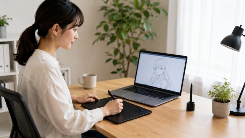 画面を見ながら姿勢よく板タブで快適に作業する日本人イラスト制作者