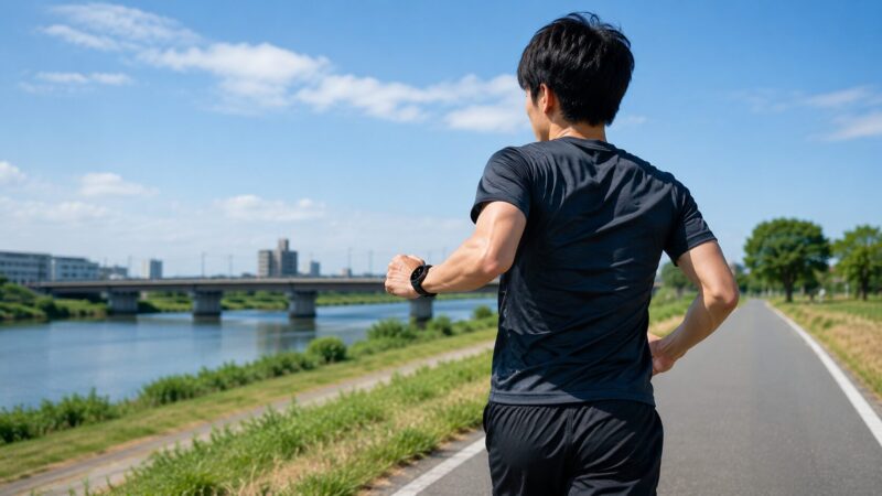 地図なしで河川敷を走るガーミン 265使用ランナー