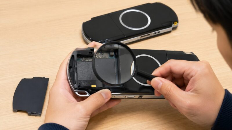 PSP本体のバッテリー収納部と底面を確認して型番を見分ける様子