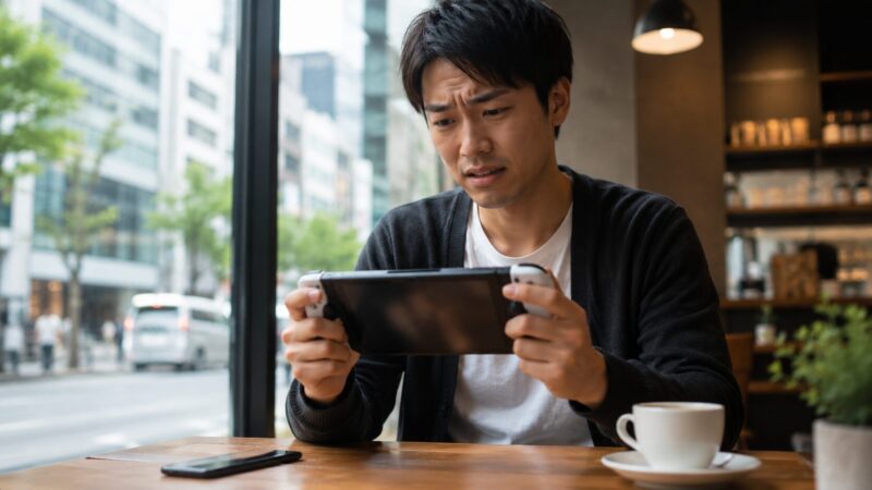 外出先のカフェでPSポータルの接続エラーに困る日本人男性