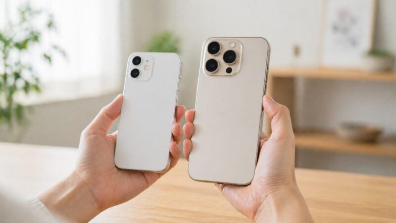 iPhone 17とiPhone 17 Proの大きさや持ちやすさを手で比較するイメージ画像