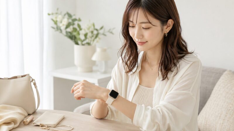 明るめカラーのアップルウォッチを自然に身につける日本人女性