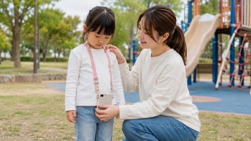 公園で子供のスマホショルダーの長さと安全性を確認する母親