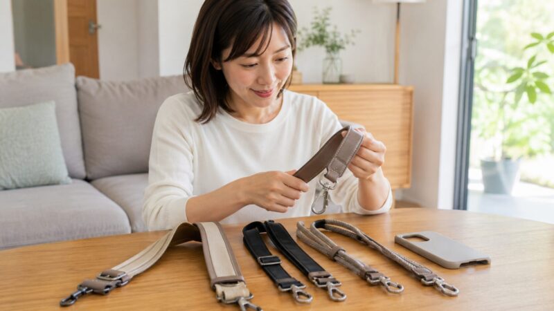 安全性を重視して太めで長さ調整できるスマホショルダーストラップを選ぶ日本人女性