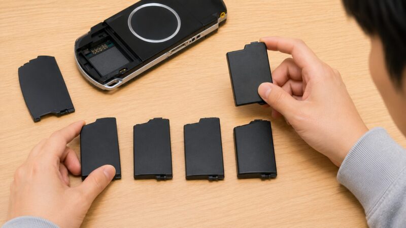 PSP-2000とPSP-3000に対応する交換用バッテリーを確認する様子