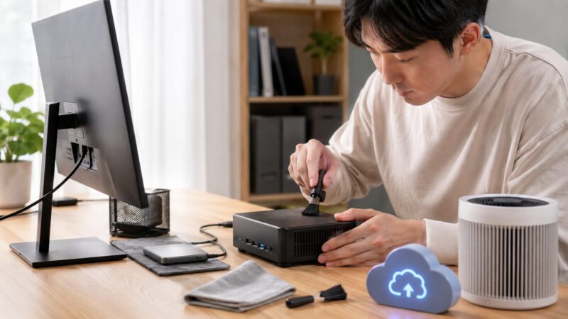 ミニPCの寿命を伸ばすために通気性とバックアップ環境を整える様子