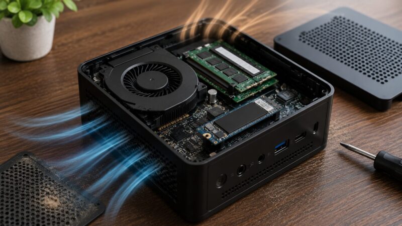 ミニPCの寿命に影響する冷却ファンやSSDなど内部部品のイメージ