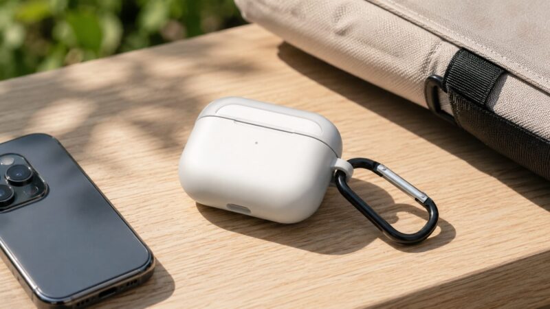 AirPods Pro 3風イヤホンケースに保護カバーとカラビナを装着した持ち歩きイメージ