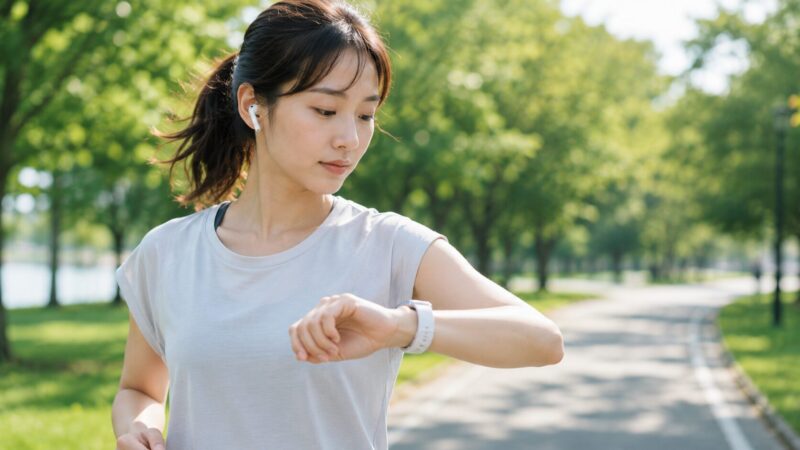 ワイヤレスイヤホンを装着してランニング中に心拍数を確認する日本人女性