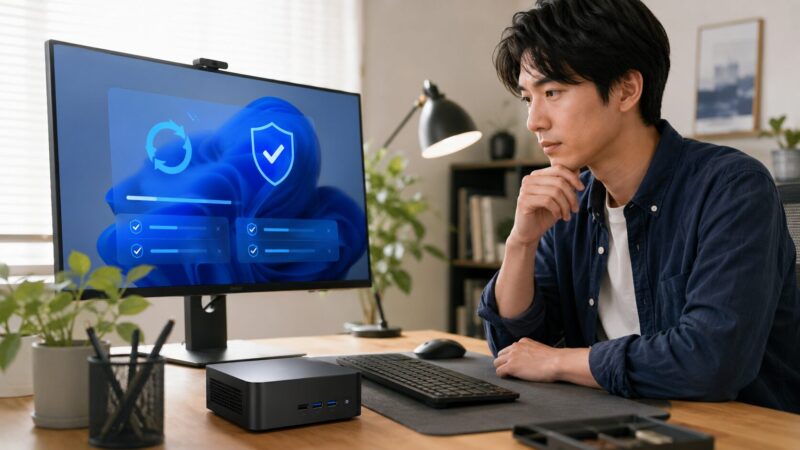 購入したミニPCの初期設定とセキュリティ確認を行う日本人ユーザー