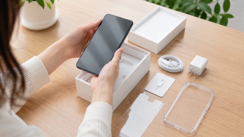 新品型落ちスマホを箱から取り出して状態を確認する手元
