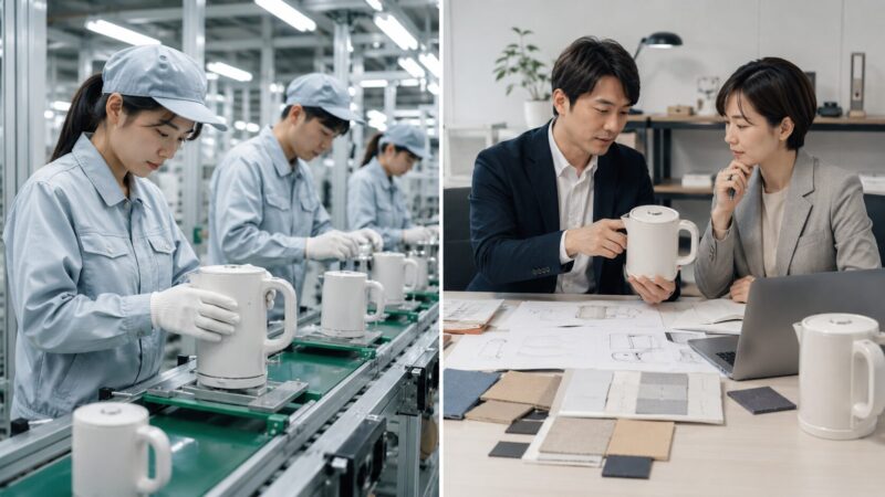日本製と日本メーカー製の違いを視覚的に表したポータブル電気ケトルの比較シーン