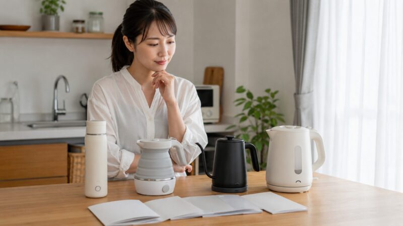 日本製や国内メーカー品のポータブル電気ケトルを比較検討する女性