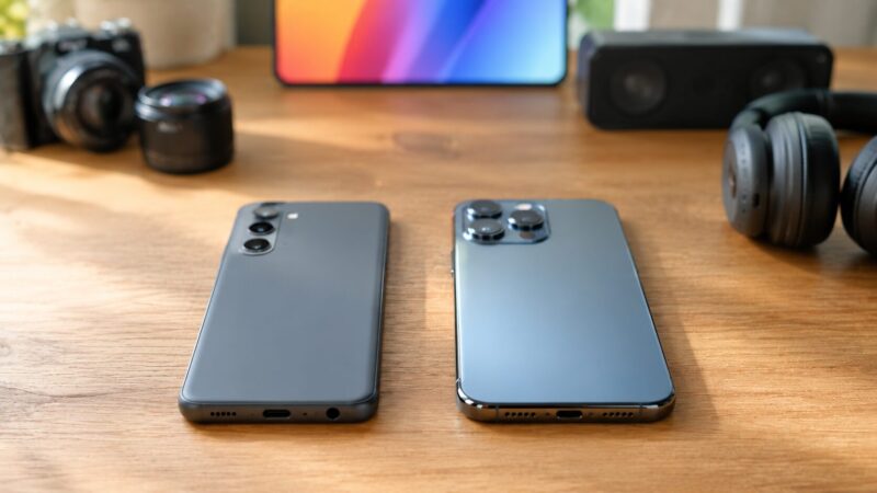 最新ミドルスマホと型落ちハイエンドスマホの質感や性能差を比較するイメージ
