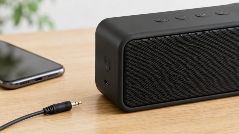 AUX端子がないBluetoothスピーカーと未接続のオーディオケーブル