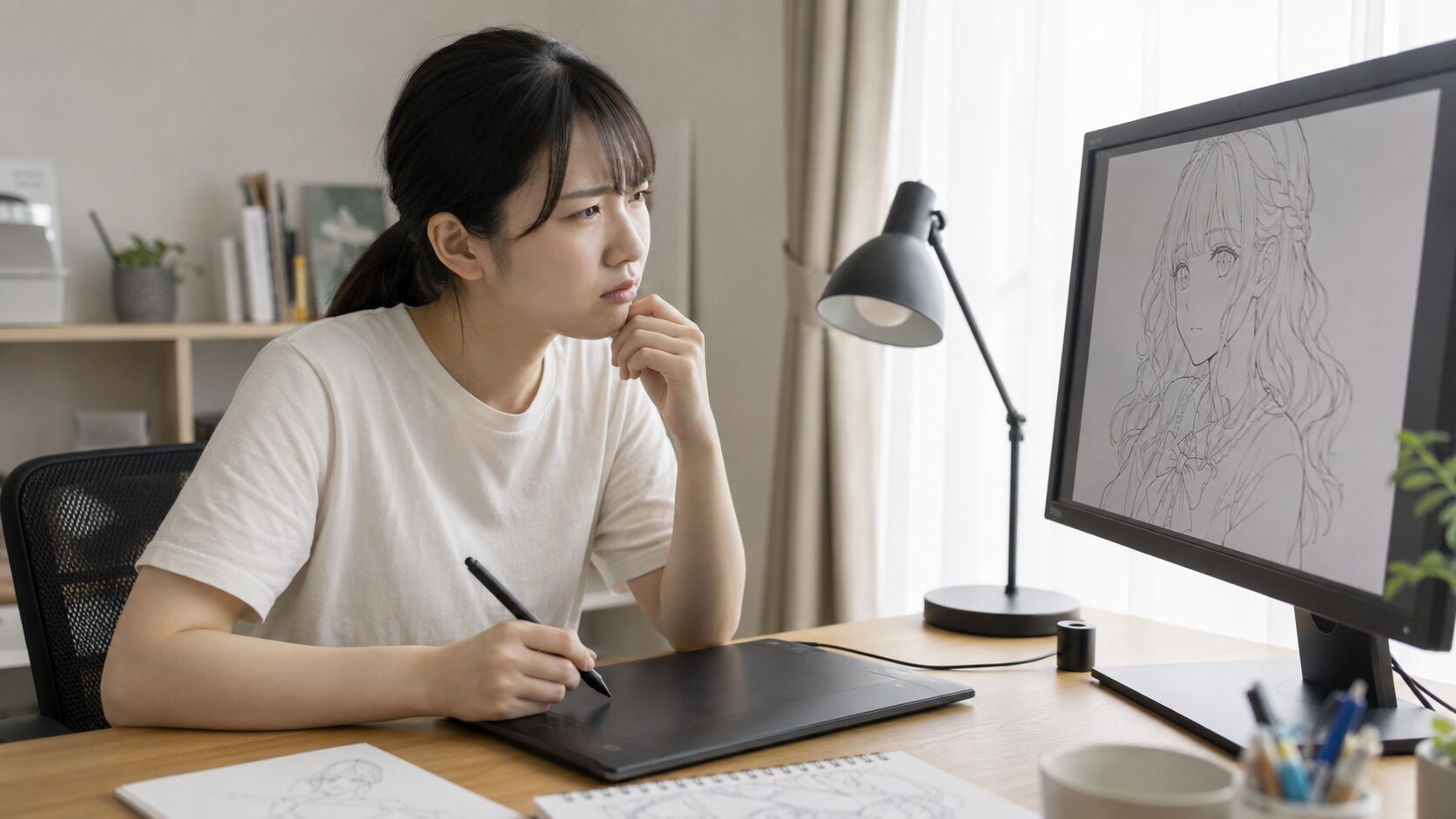 板タブとモニターを前に操作方法や選び方で悩む日本人初心者イラスト制作者