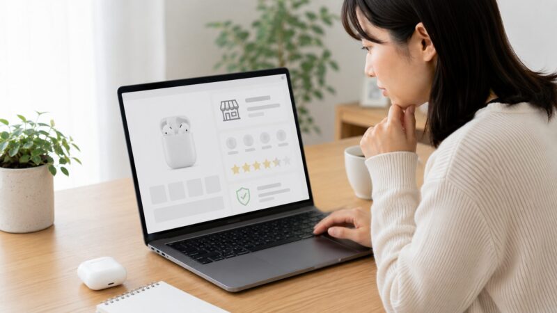 楽天でAirPodsを購入する前にショップ情報を確認する女性