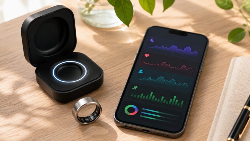 睡眠、心拍、ストレス、活動量をまとめて管理するスマートリングの強みを表すイメージ