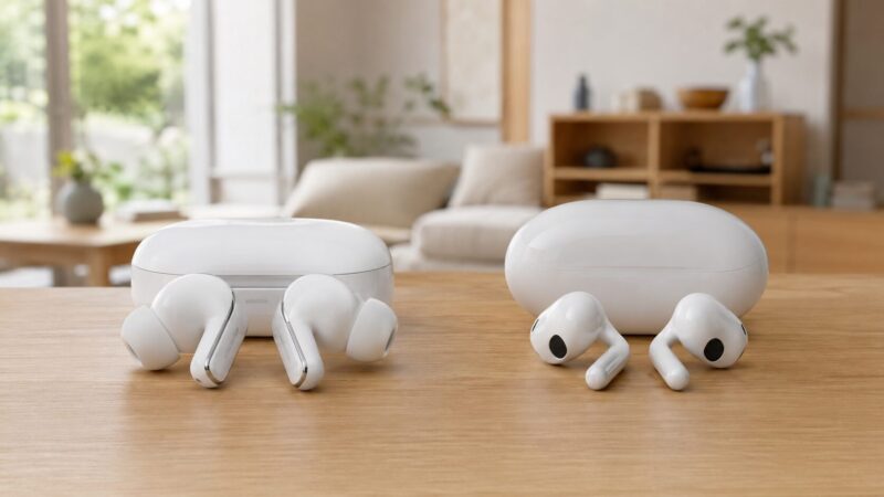AirPods Pro3とAirPods4を比較するために2種類のイヤホンを並べたイメージ