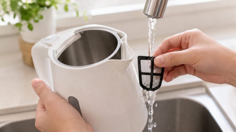 電気ケトルの注ぎ口とフィルターを洗って確認する様子