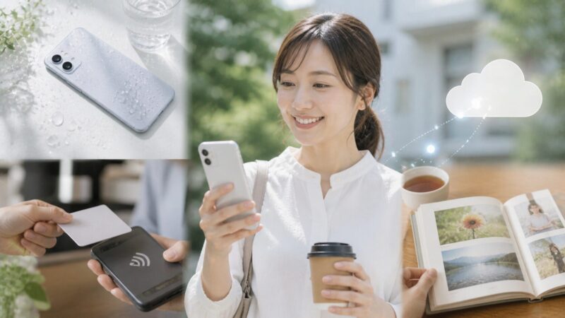 防水や決済や写真保存など毎日使うスマホ機能を活用する日本人女性
