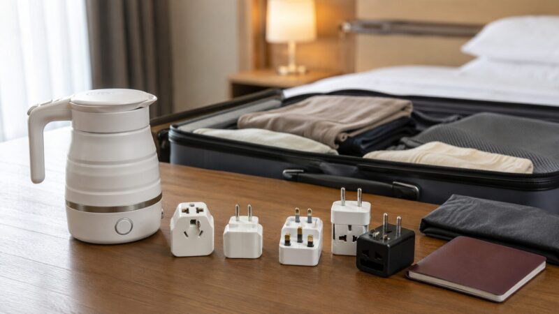 海外対応ポータブル電気ケトルと変換プラグを確認する旅行準備