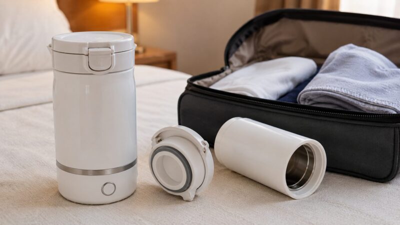 　漏れにくいポータブル電気ケトルのフタロックとパッキンを確認する旅行前のシーン