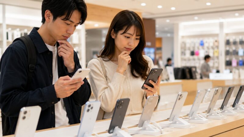 無印iPhoneとProモデルを店頭で比較する日本人ユーザー