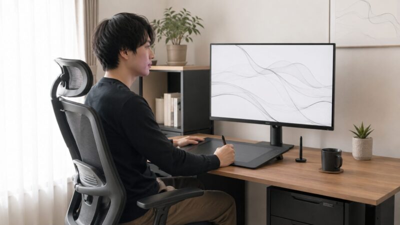 板タブとモニターの位置を整えて描きやすい作業環境を見直す様子