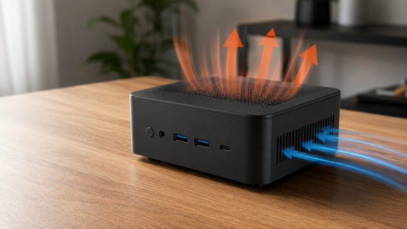 ミニPCの通気口と空気の流れを示した発熱対策のイメージ