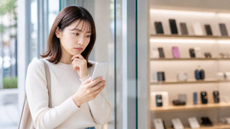 iPhone Airの生産終了や在庫状況を考える日本人女性のイメージ