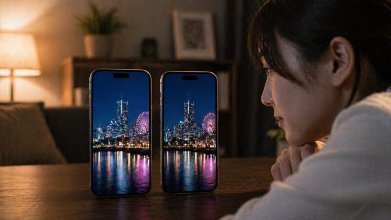 iPhone 17とiPhone 17 Proの画質やディスプレイ表示を見比べるイメージ画像