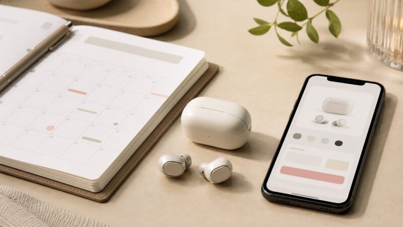 発売時期と価格確認をイメージしたPixel Buds Pro 2風イヤホンと手帳