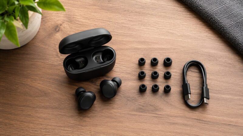 黒い完全ワイヤレスイヤホンと充電ケースを並べた基本スペック紹介画像