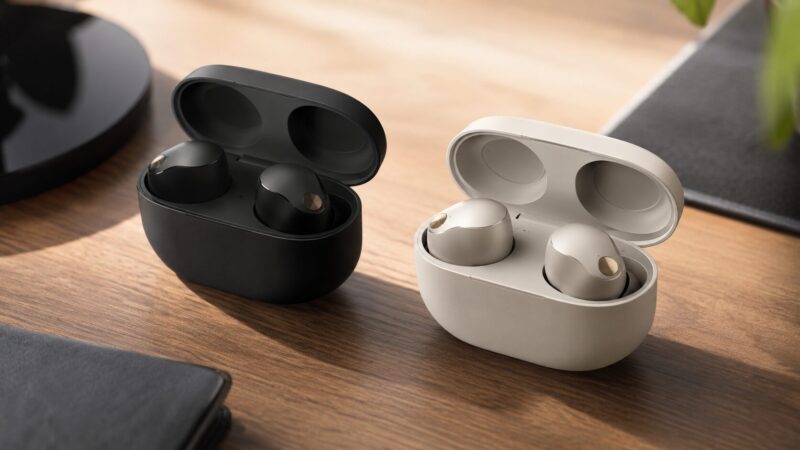 ブラックとプラチナシルバーの完全ワイヤレスイヤホンと充電ケース