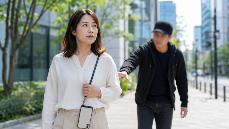 スマホショルダーを前側に持ち盗難やひったくりに注意する日本人女性