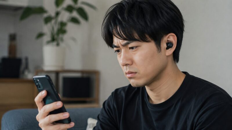 ワイヤレスイヤホンの見た目に不安を感じながらスマホを見る日本人男性