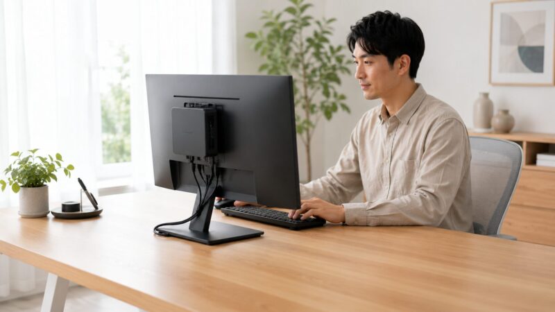 ミニPCをモニター裏に設置してデスクをすっきり使う作業環境