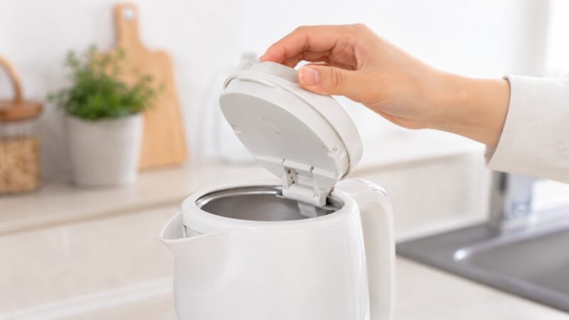 ワンタッチで開き本体に残る電気ケトルの蓋