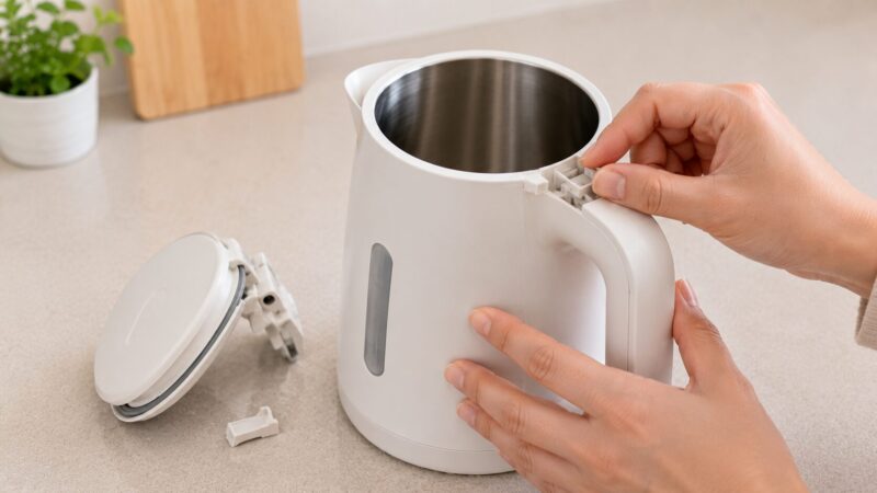 電気ケトルの蓋が壊れたときに状態を確認する様子