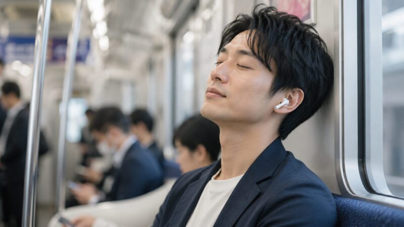 電車内でノイズキャンセリングイヤホンを装着して静かに音楽を聴く日本人男性