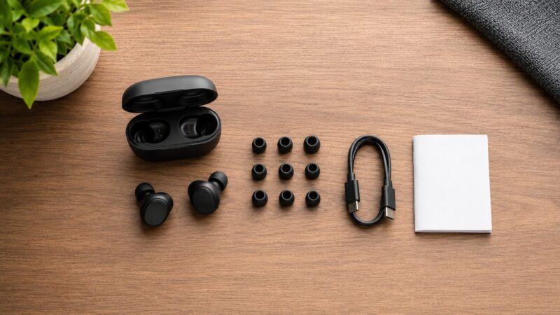 Soundcore P40iの同梱品を木目テーブルに並べた開封イメージ
