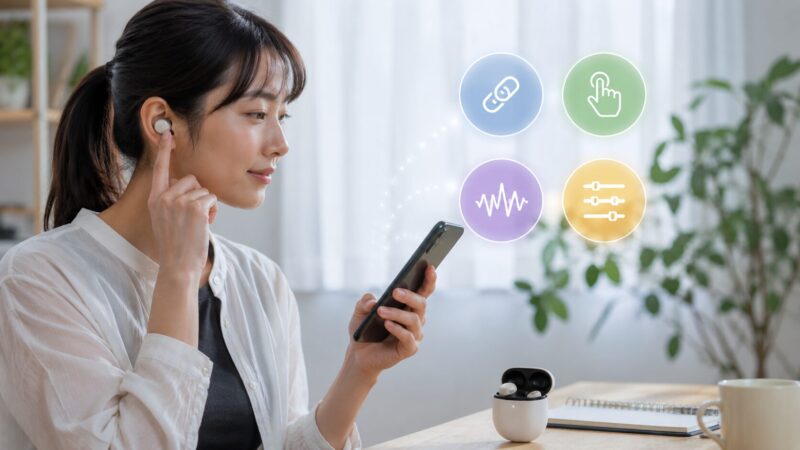 スマートフォンでPixel Buds Pro 2風イヤホンの設定を確認する日本人女性