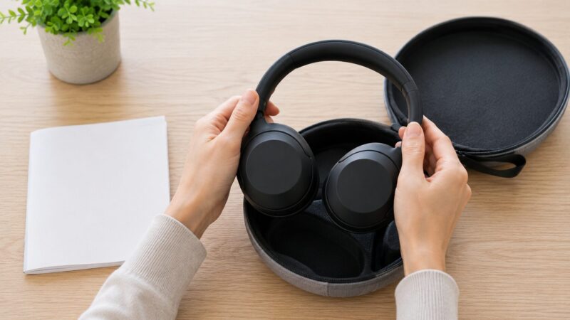 ヘッドホンを両手で丁寧に持ちケースへ収納する正しい使い方のイメージ