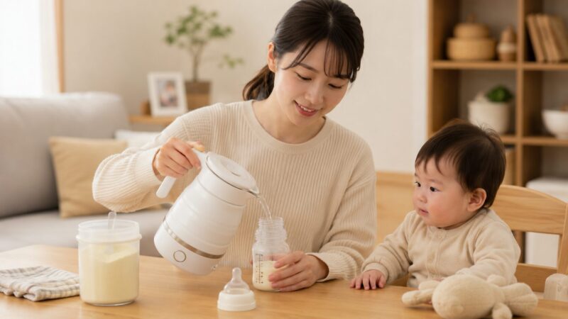 温度調節できるポータブル電気ケトルで赤ちゃんの調乳を準備する母親