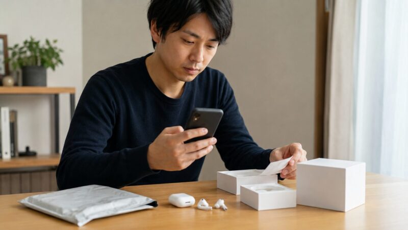 偽物のAirPodsを買った可能性があり証拠を整理する男性