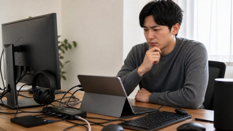 多数の周辺機器を接続した小型2in1タブレットで作業負荷に悩む日本人ユーザー