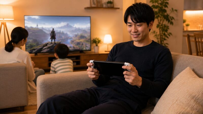 家族がテレビを使う中でPSポータルを楽しむ日本人男性
