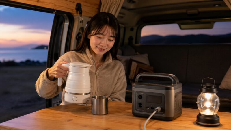 車中泊でポータブル電源と低消費電力の電気ケトルを使う安全なシーン