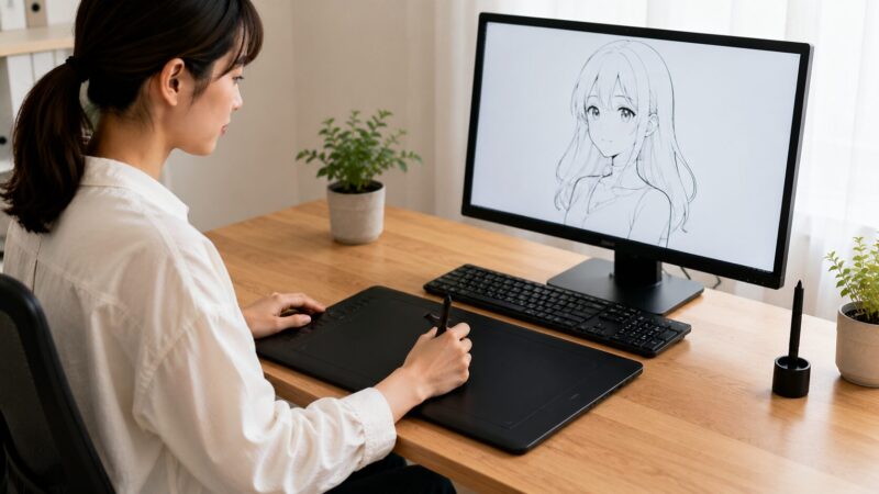 中型のシンプルな板タブで線画練習をする日本人初心者